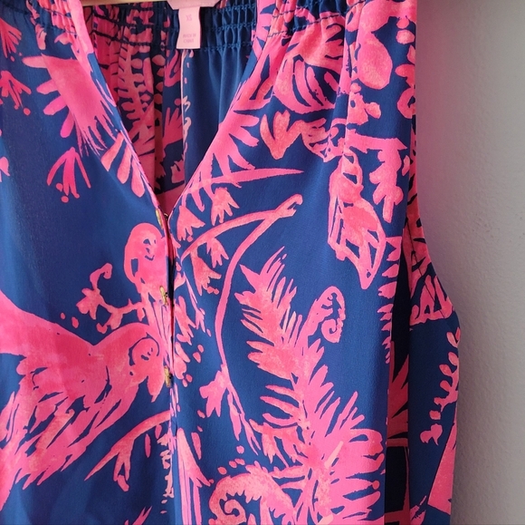 Lilly Pulitzer Silk Fushia and Navy Bird Print Sleeveless Blouse High Low XS - Picture 4 of 5